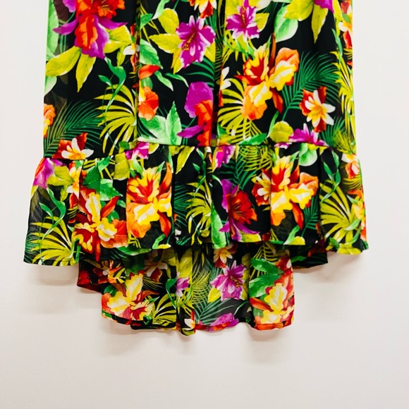 BONGO | Tropical Hawaiian Floral Chiffon Mini Sundress Black Pink Size L - Picture 3 of 11